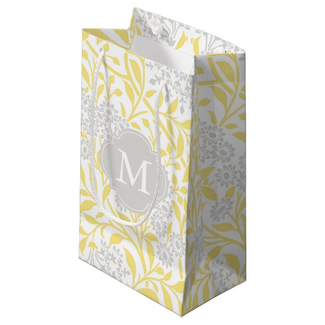 Bolsa De Regalo Pequeña Patrón Monogramado de Damasco Floral Gris Amarillo (Angulo Anverso)