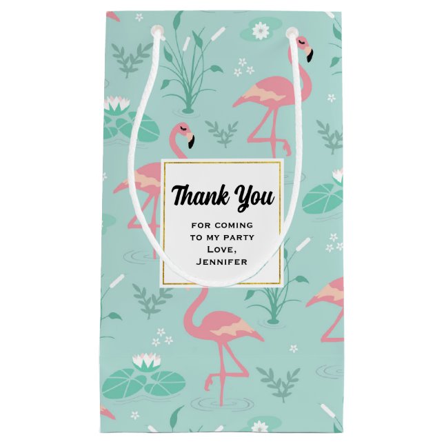 Bolsa De Regalo Pequeña Patrón Verde Pastel Rosa Flamingos Gracias (Anverso)