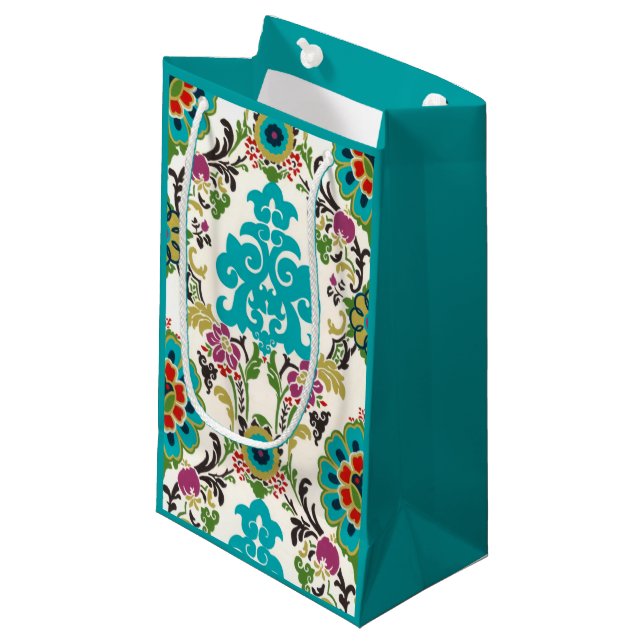 Bolsa De Regalo Pequeña Patrones florales Damask Plum Turquoise (Angulo Anverso)
