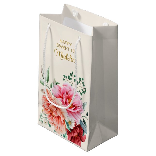 Bolsa De Regalo Pequeña Peonies rosados Burgundy Hojas Florales Dulces 16  (Angulo Anverso)