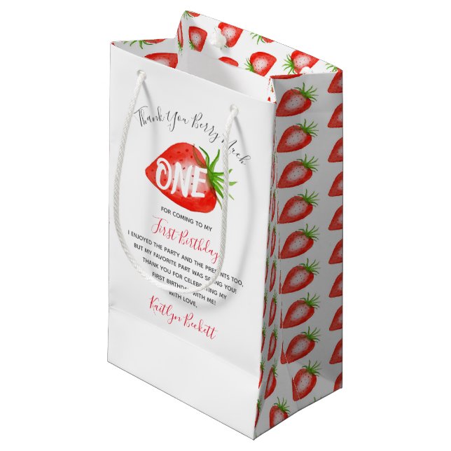 Bolsa De Regalo Pequeña Pequeña Fresa dulce primer cumpleaños gracias (Angulo Anverso)