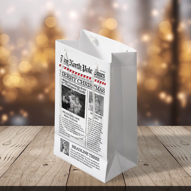 Bolsa De Regalo Pequeña Periódico de tipografía fotográfica para navidades (Christmas cute typography photo gift bag with newspaper template. )