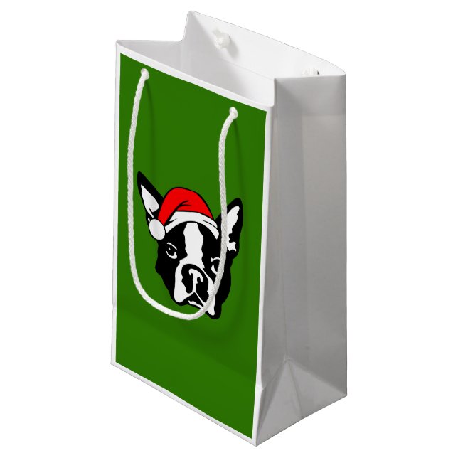 Bolsa De Regalo Pequeña Perro de Boston Terrier con Navidades Santa Hat (Angulo Anverso)