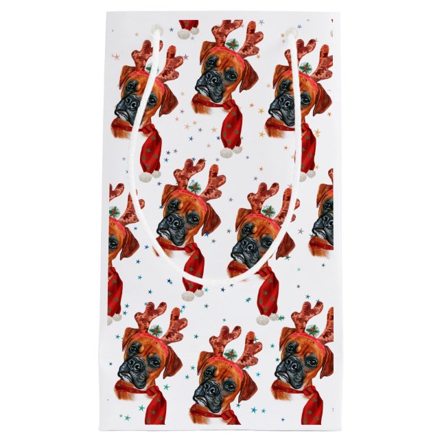 Bolsa De Regalo Pequeña Perro de boxeador con renos Navidades (Anverso)