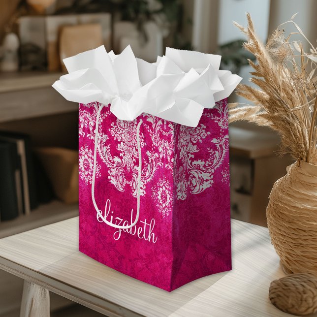 Bolsa De Regalo Pequeña Personalizado de patrón de Damasco de Grunge Rosad (Custom Gift Bag)