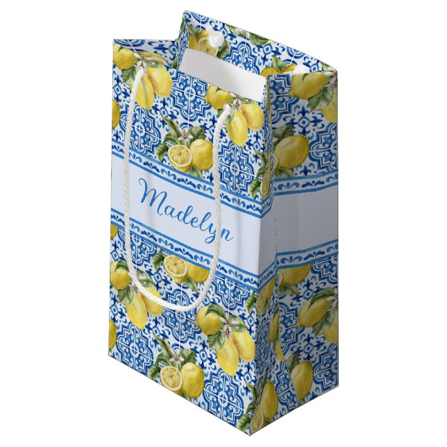 Bolsa De Regalo Pequeña Personalized Name Blue Tile Mediterranean Lemon (Angulo Anverso)