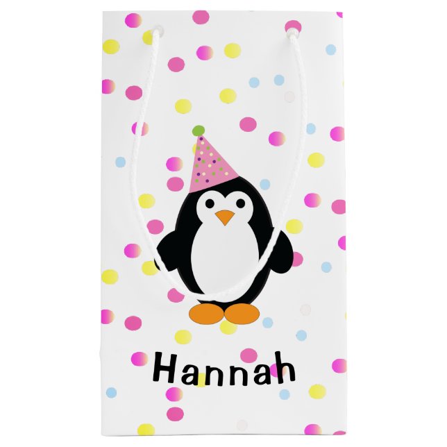 Bolsa De Regalo Pequeña Pingüino fiesta con fondo confetti (Reverso)