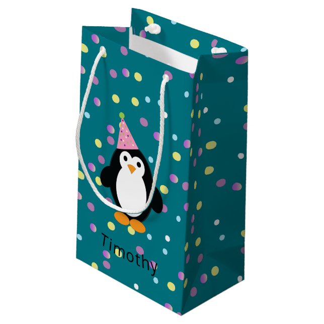 Bolsa De Regalo Pequeña Pingüino fiesta con fondo confetti (Angulo reverso)