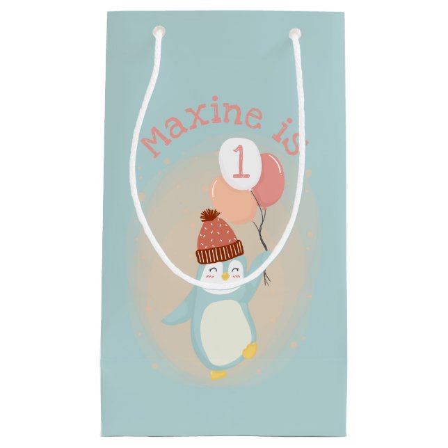 Bolsa De Regalo Pequeña Pingüino personalizable dulce pastel con globos (Anverso)