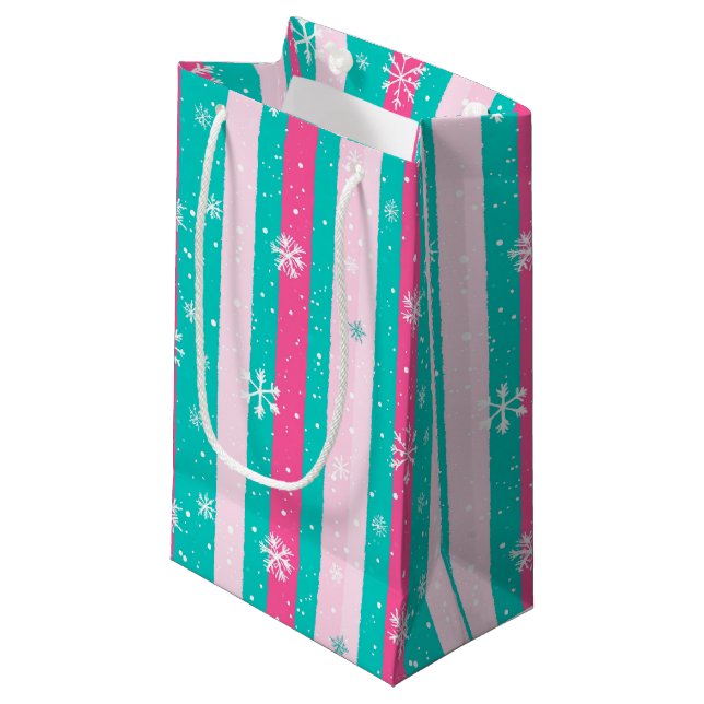 Bolsa De Regalo Pequeña Pink and Mint Vertical Striped Snowflake (Angulo Anverso)