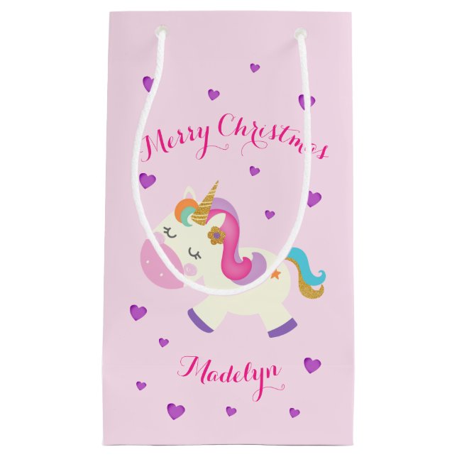 Bolsa De Regalo Pequeña Pink Purpurina de Navidades de Rainbow Unicorn (Anverso)