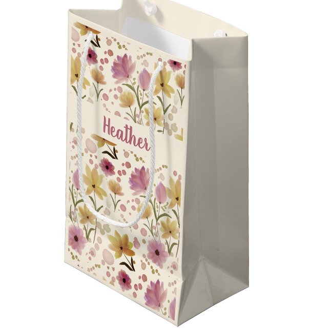 Bolsa De Regalo Pequeña Pink Wildflower Watercolor Monogram Name (Subido por el creador)