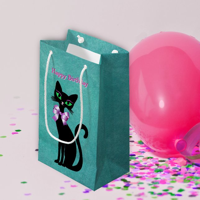 Bolsa De Regalo Pequeña Pretty Elegant Black Birthday Cat Green Eyes Bow (Pretty cat green eyes wearing pink bow on teal happy birthday gift bags.)