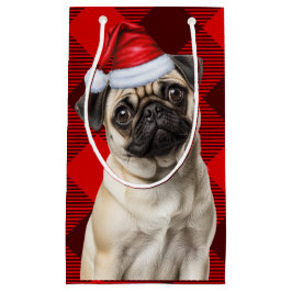 Bolsa De Regalo Pequeña Pug Santa Perro Fiesta Navideña Plaid Rojo de Búfa