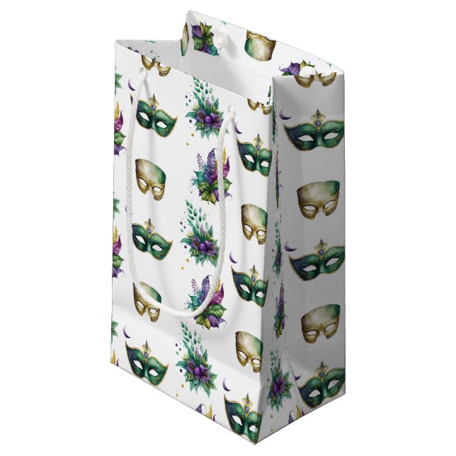 BOLSA DE REGALO PEQUEÑA PURPLE GREEN GOLD MARDI GRAS MASKS FEATHERS (Angulo Anverso)