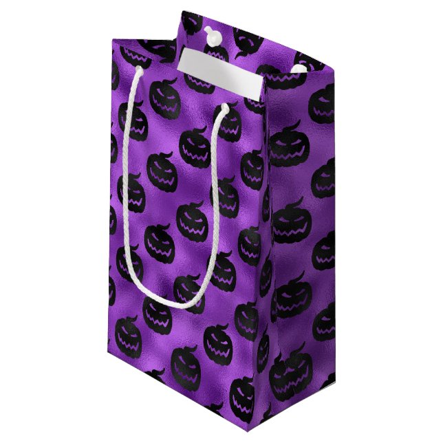 BOLSA DE REGALO PEQUEÑA PÚRPURA HALLOWEEN CON PUMPKINAS NEGRAS (Angulo Anverso)