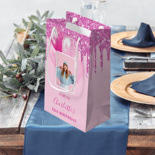 Bolsa De Regalo Pequeña Purpurina de fotos rosado gotea chica