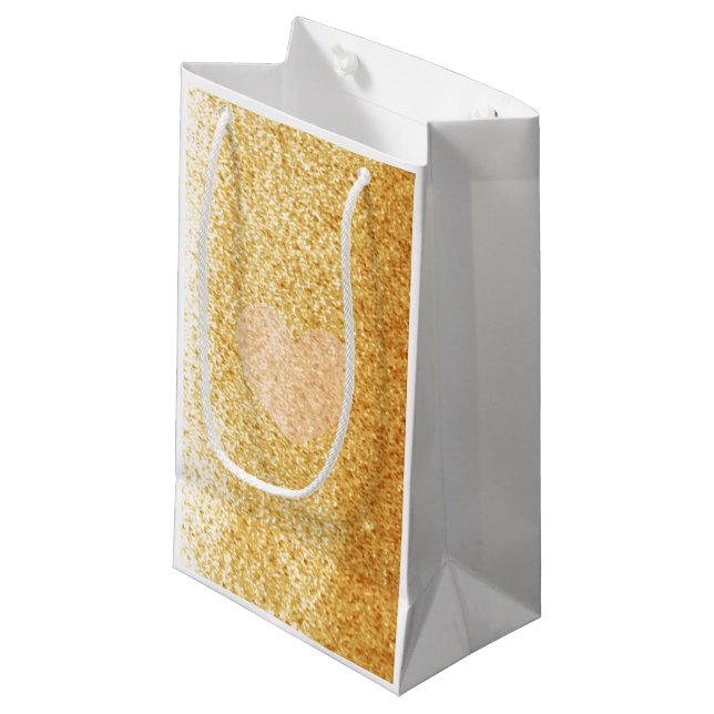 Bolsa De Regalo Pequeña Purpurina Dorada Falsa Con Corazón (Angulo Anverso)