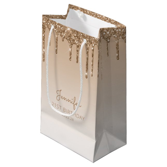 Bolsa De Regalo Pequeña Purpurina Drip 21st Birthday Gold (Angulo Anverso)