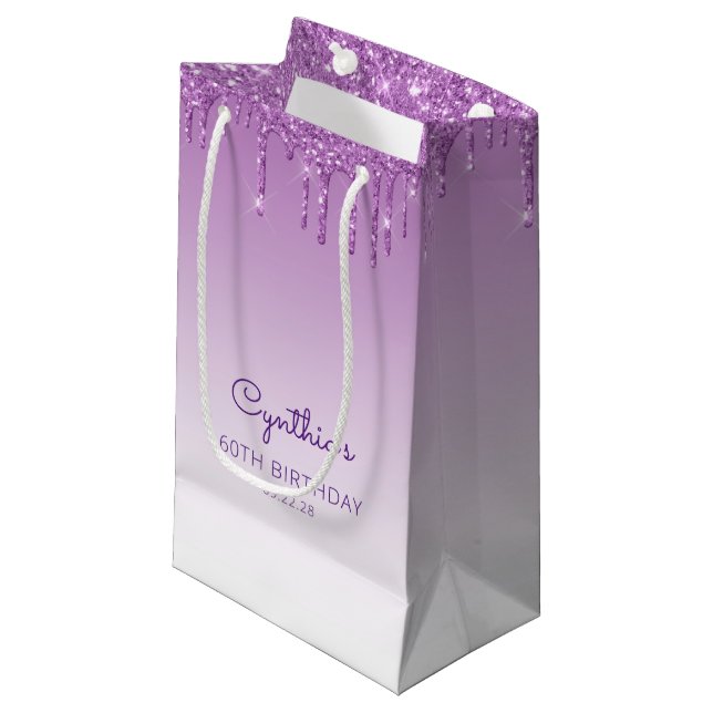 Bolsa De Regalo Pequeña Purpurina Drip 60th Birthday Purple (Angulo Anverso)