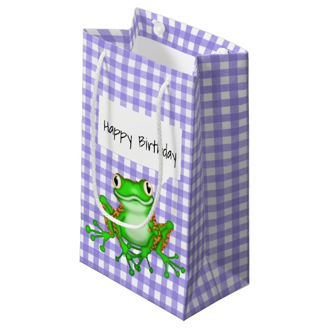 Bolsa De Regalo Pequeña Rana verde en Purple Gingham (Angulo Anverso)