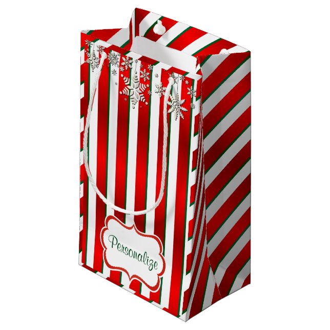 Bolsa De Regalo Pequeña Rayas de navidad en blanco, verde y rojo (Angulo Anverso)
