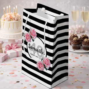 Bolsa De Regalo Pequeña Rayas negras de cumpleaños floros rosados nombre c