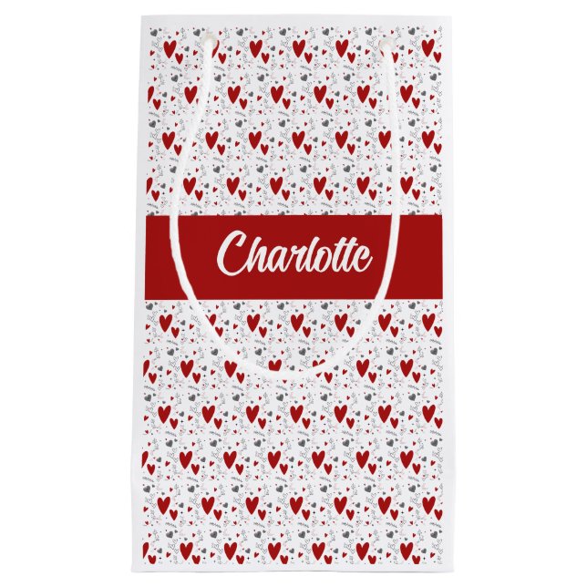 Bolsa De Regalo Pequeña Red and Black Hearts Custom Monogram Name (Anverso)
