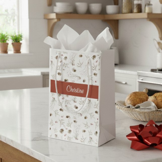 Bolsa De Regalo Pequeña Red Boho Woodland Winterberry Monogram (Subido por el creador)