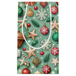 BOLSA DE REGALO PEQUEÑA RED & GREEN ORNAMENTS & GOLD HOLIDAY STARS