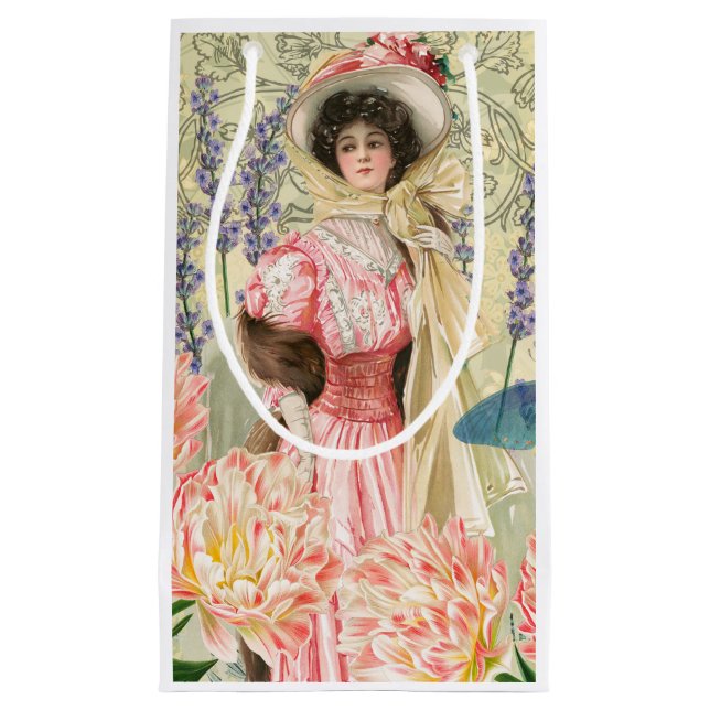 Bolsa De Regalo Pequeña Regencia de mujeres victorianas con flores rosadas (Anverso)
