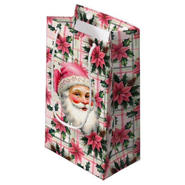 Bolsa De Regalo Pequeña Retro Rosa Santa Claus Navidades Floral Plaid (Angulo Anverso)
