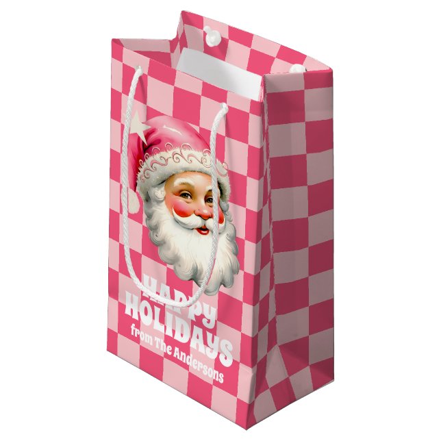 Bolsa De Regalo Pequeña Retro Rosa Santa Claus Navidades rosados en tafetá (Angulo Anverso)