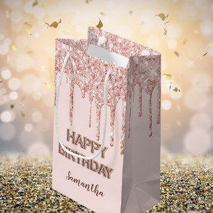 Bolsa De Regalo Pequeña Rosa de cumpleaños purpurina de oro gotea monogram