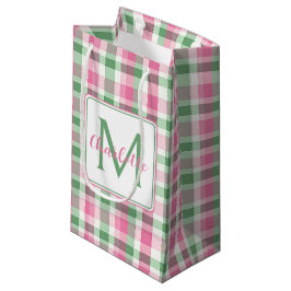 Bolsa De Regalo Pequeña Rosa y Verde Cuadros Monograma Elegante