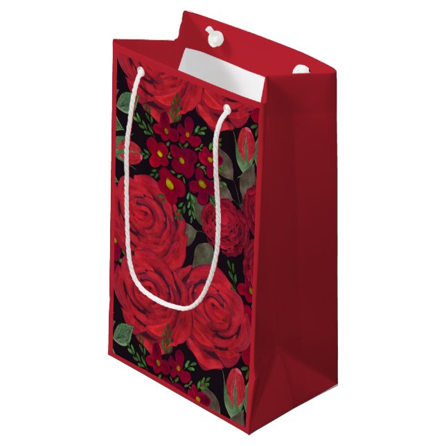Bolsa De Regalo Pequeña rosas rojas acuarelas sobre negro, (Angulo Anverso)