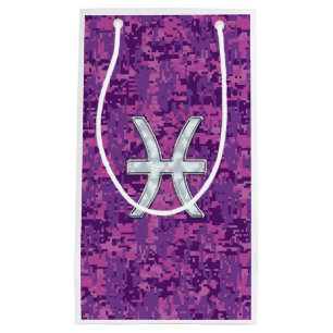Bolsa De Regalo Pequeña Rótulo Pisces Zodiac en camo digital rosado
