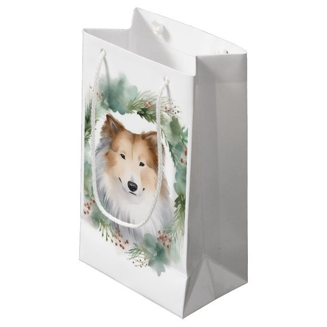 Bolsa De Regalo Pequeña Rough Collie Navidades Wreath Festive Pup (Angulo Anverso)