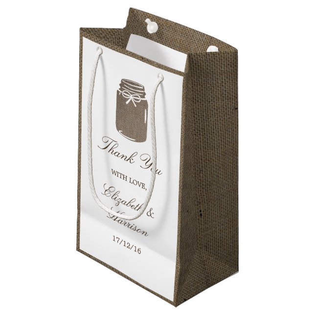 Bolsa De Regalo Pequeña Rustic Burlap Mason Jar Boda (Angulo Anverso)