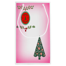 Bolsa De Regalo Pequeña Seasons Greetings Holly Christmas Tree Pink
