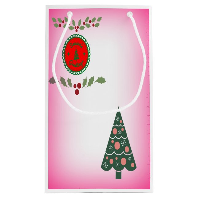 Bolsa De Regalo Pequeña Seasons Greetings Holly Christmas Tree Pink (Reverso)