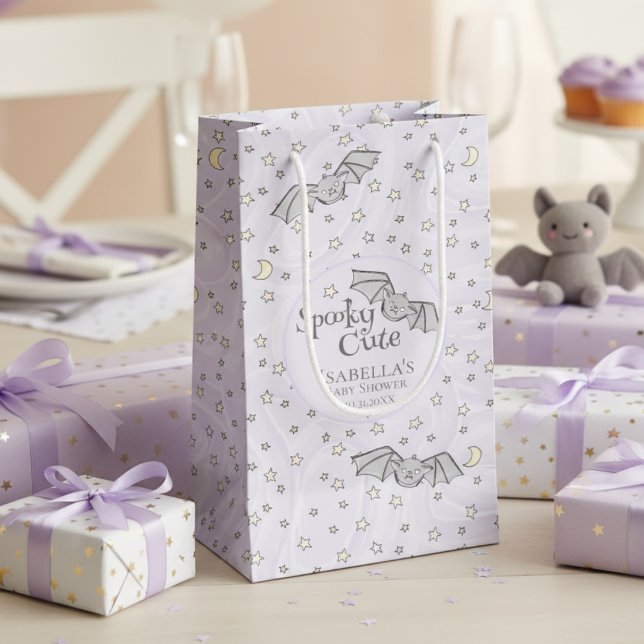 Bolsa De Regalo Pequeña Sexo Neutral Bats Spooky Cute Baby Shower (Spooky Cute Bats Girl Baby Shower Gift Bags. Bats, Stars, Moons Purple Watercolor Pattern for Her)