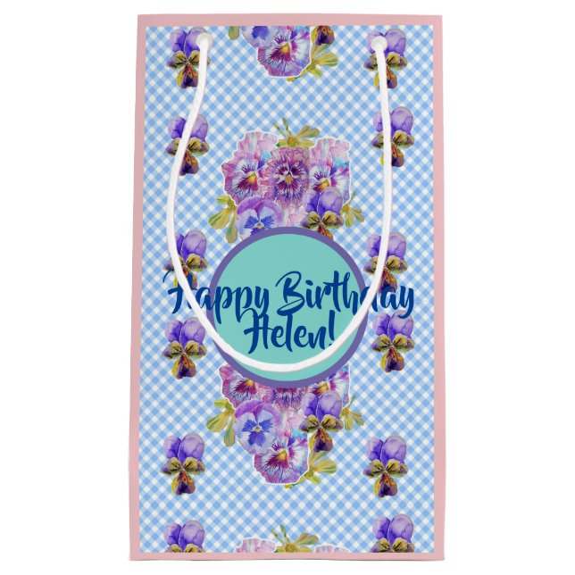 Bolsa De Regalo Pequeña Shabby Chic Blue Gingham Flores Floral Gift Bag (Anverso)