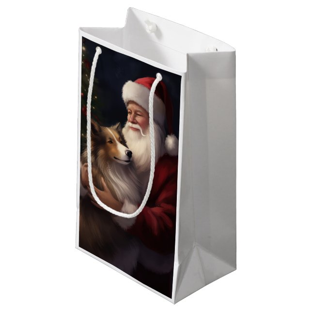 Bolsa De Regalo Pequeña Shetland Sheepdog Santa Claus Navidades festivos (Angulo Anverso)