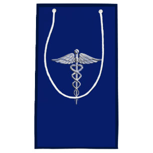 Bolsa De Regalo Pequeña Símbolo médico cromado como Caduceus en azul mar