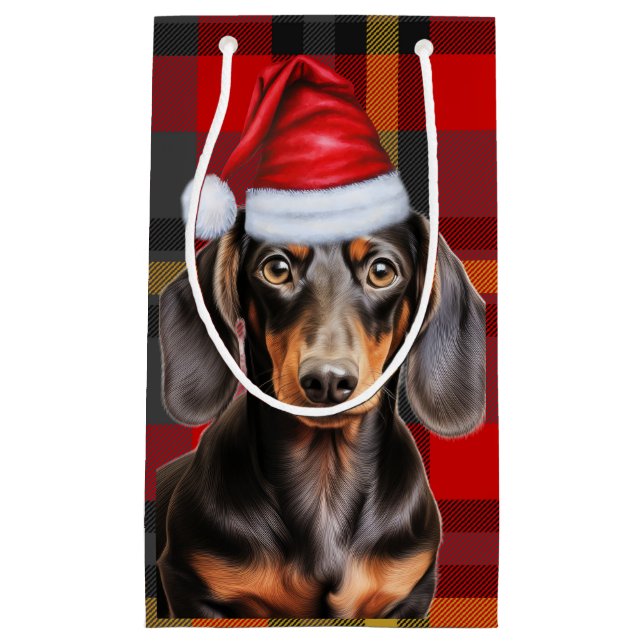 Bolsa De Regalo Pequeña Smooth Coat Dachshund Red Christmas Plaid (Anverso)