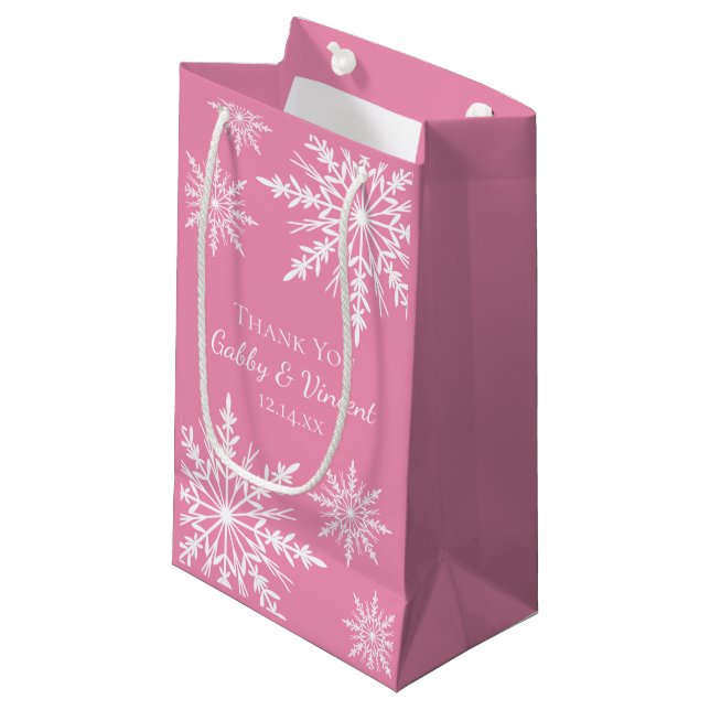 Bolsa De Regalo Pequeña Snowflakes en la boda de invierno rosa gracias (Angulo Anverso)