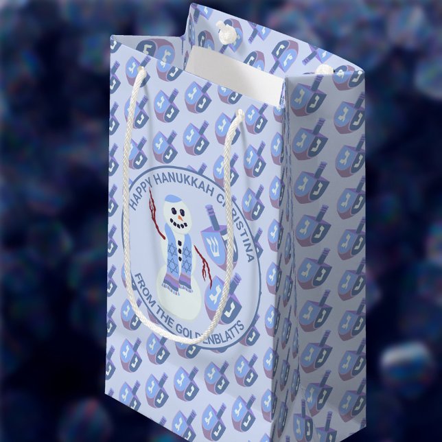 Bolsa De Regalo Pequeña Snowman Dreides Divertido Patrón Azul Cute Hanukka (Personalized Hanukkah gift bags will add a custom touch to your gift giving and celebrations)