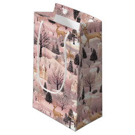Bolsa De Regalo Pequeña Snowy Pink Deer Forest