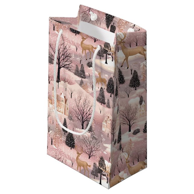 Bolsa De Regalo Pequeña Snowy Pink Deer Forest (Angulo Anverso)
